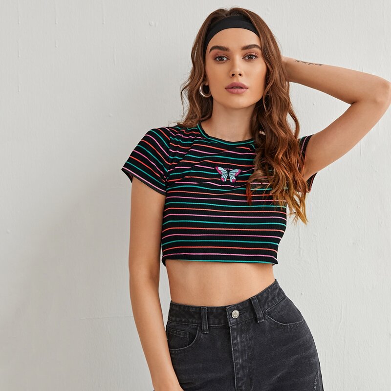 

Butterfly Embroidery Striped Tee, Multicolor