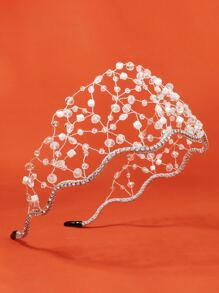 1 pieza Diadema de red de alambre de cobre y cuentas de cristal para mujeres, con estilo de tiaras elegantes - Plateado - Ver 3