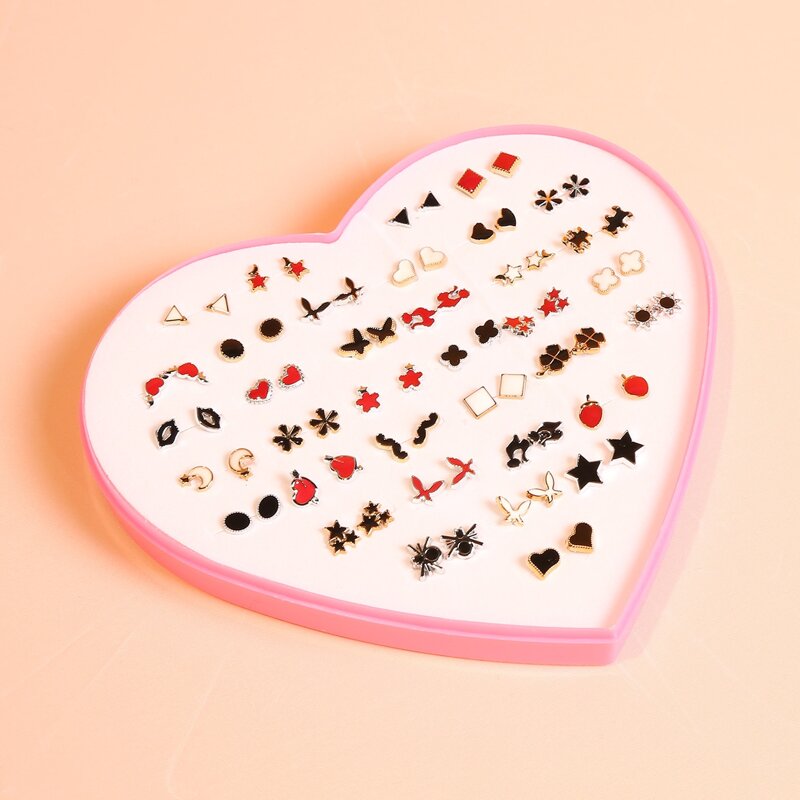 

36pairs Heart Stud Earrings, Multicolor