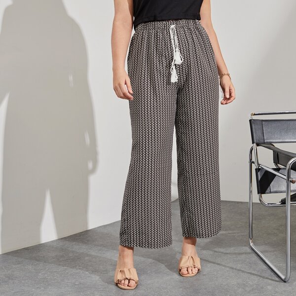 

Plus Allover Print Tassel Knot Wide Leg Pants, Multicolor