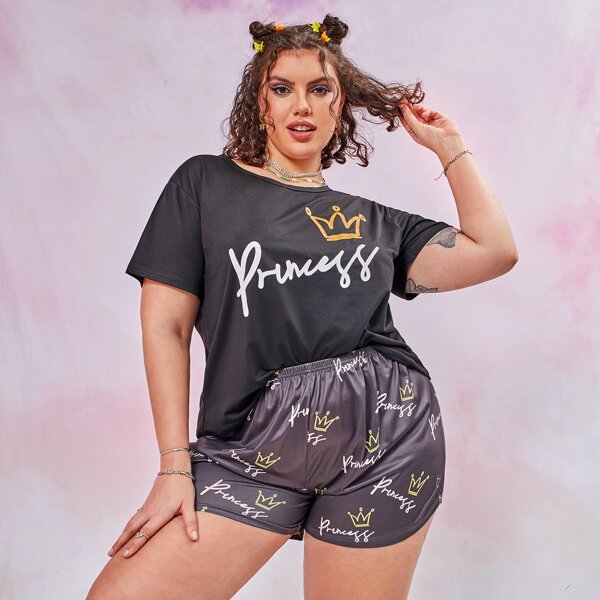 

Plus Crown And Letter Graphic Pajama Set, Black