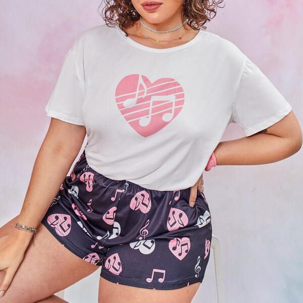 

Plus Heart And Musical Note Print Pajama Set, Multicolor