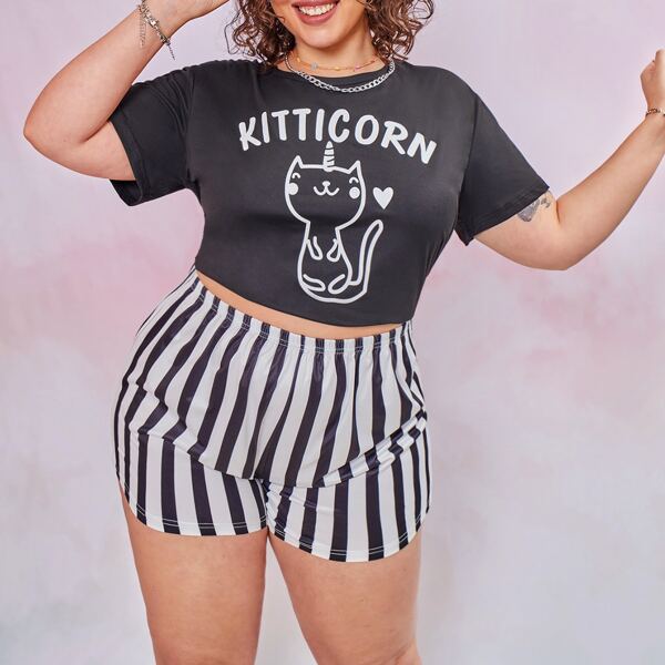 

Plus Cartoon And Stripe Print Pajama Set, Black and white