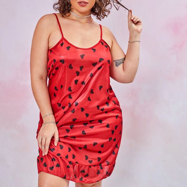 

Plus All Over Heart Print Ruffle Hem Satin Cami Night Dress, Red