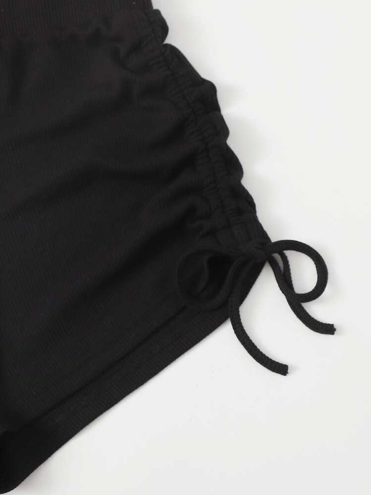 SHEIN EZwear Drawstring Ruched Solid Shorts - Black - View 3
