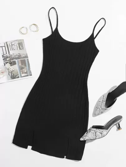 SHEIN Essnce Plus Solid Rib-knit M-Slit Bodycon Dress