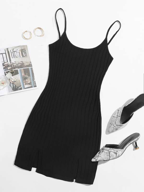 SHEIN Essnce Plus Solid Rib-knit M-Slit Bodycon Dress