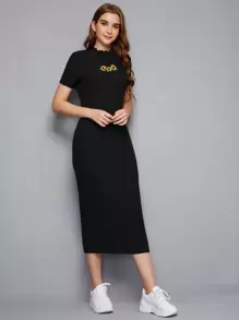 Mulvari 花卉刺繡生菜邊羅紋針織洋裝 - 黑色 - 查看 1