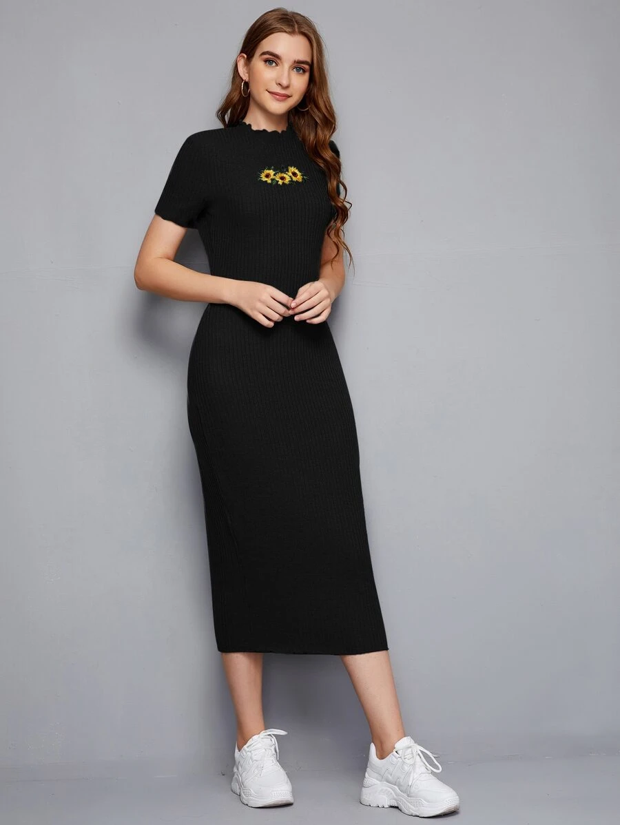 Mulvari 花卉刺繡生菜邊羅紋針織洋裝 - 黑色 - 查看 1