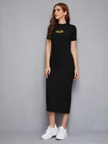 Mulvari 花卉刺繡生菜邊羅紋針織洋裝 - 黑色 - 查看 3