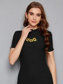 Mulvari 花卉刺繡生菜邊羅紋針織洋裝 - 黑色 - 查看 4