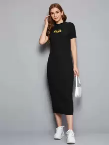 Mulvari 花卉刺繡生菜邊羅紋針織洋裝 - 黑色 - 查看 5