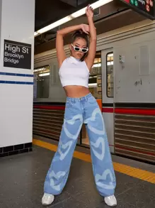 SHEIN EZwear High Waist Heart Print Wide Leg Jeans - Light Wash - View 5