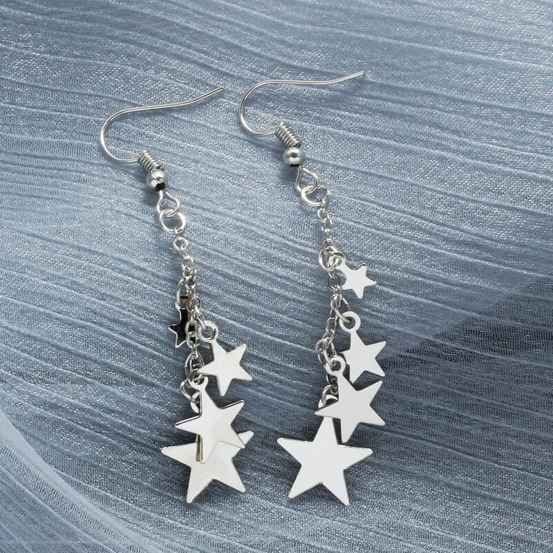 

1pair Layered Star Drop Earrings, Silver