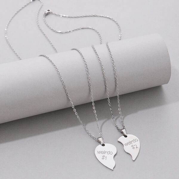 

2pcs Half Heart Pendant Necklace, Silver