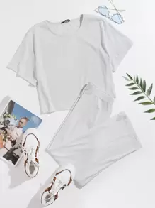 Mulvari Conjunto top tejido de canalé unicolor con pantalones capris - Gris Claro - Ver 1
