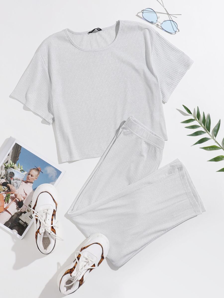 Mulvari Conjunto top tejido de canalé unicolor con pantalones capris - Gris Claro - Ver 1