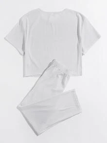 Mulvari Conjunto top tejido de canalé unicolor con pantalones capris - Gris Claro - Ver 2