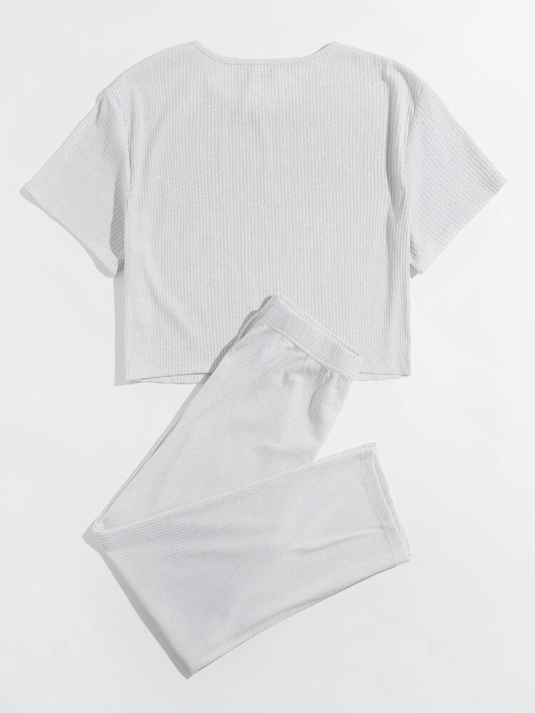 Mulvari Solid Rib-knit Top & Capris Pants Set - Light Grey - View 2