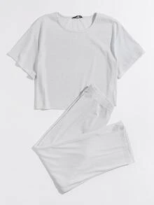Mulvari Conjunto top tejido de canalé unicolor con pantalones capris - Gris Claro - Ver 3