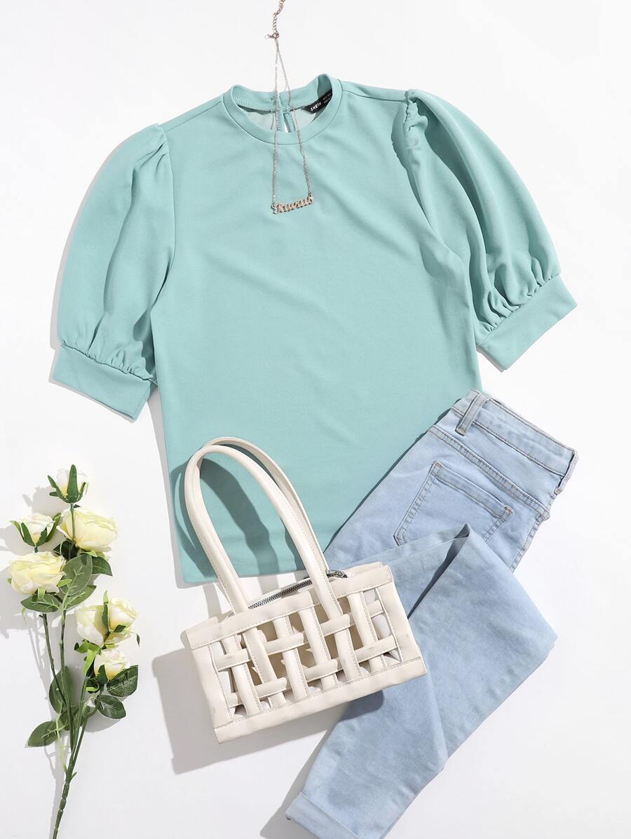 Seusyu Puff Sleeve Keyhole Back Top - Mint Blue - View 1