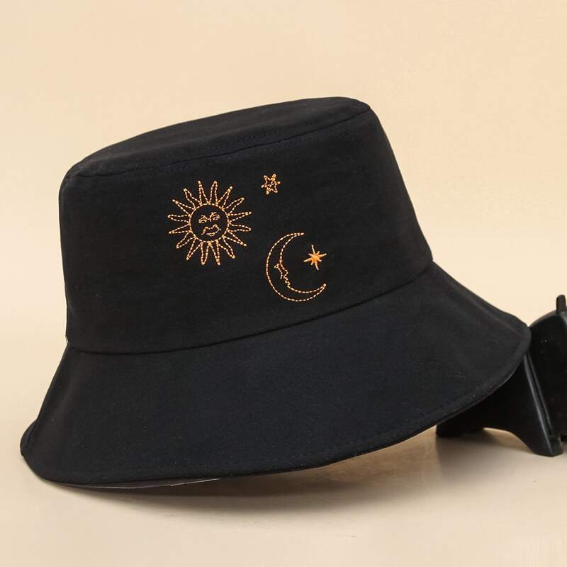 

Sun & Moon Embroidery Bucket Hat, Black