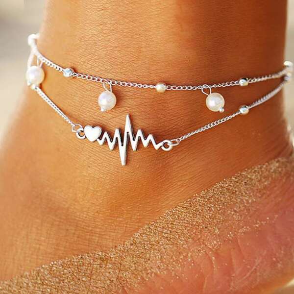 

Girls Faux Pearl Decor Layered Anklet, Silver