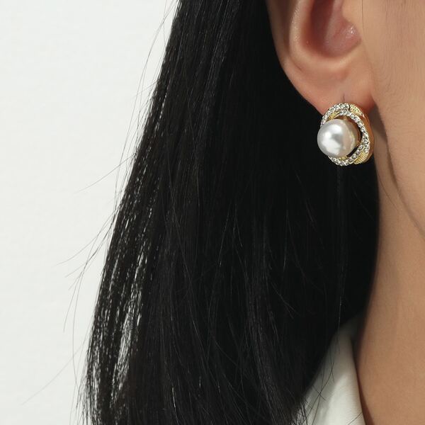 

Faux Pearl & Rhinestone Decor Stud Earrings, Gold
