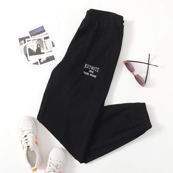 

Elastic Waist Embroidery Letter Pants, Black