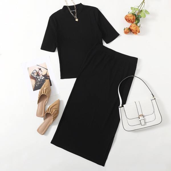 

Rib-knit Solid Top & Split Hem Skirt Set, Black