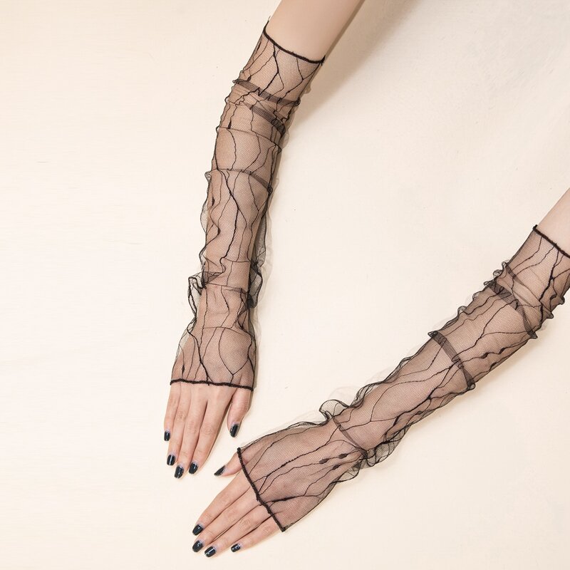 

Sheer Long Fingerless Gloves, Black