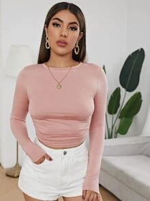 SHEIN Essnce Top con fruncido lateral unicolor - Rosa vieja - Ver 4