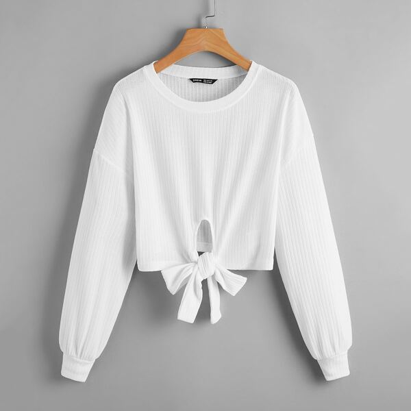 

Tie Hem Drop Shoulder Rib-knit Top, White