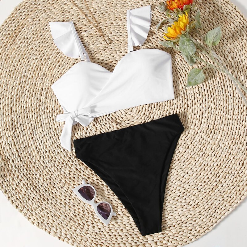 

Ruffle Trim Wrap Bikini Swimsuit, Black and white