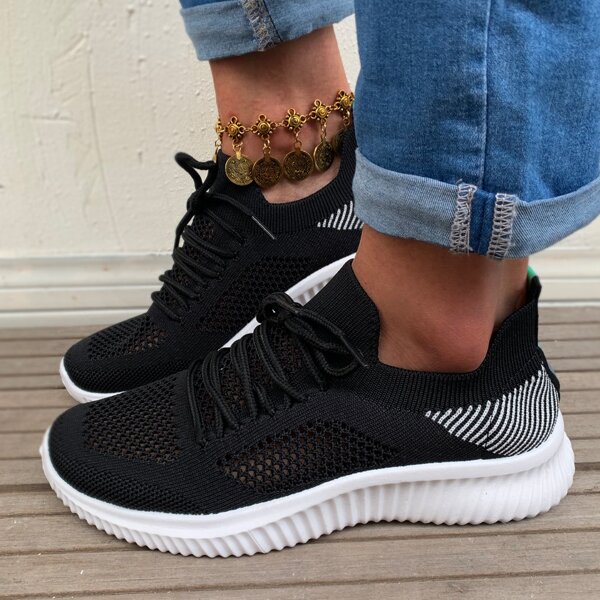 

Lace-up Decor Knit Sneakers, Black
