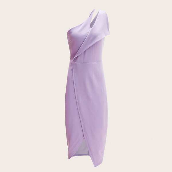 

One Shoulder Wrap Front Solid Dress, Lilac purple