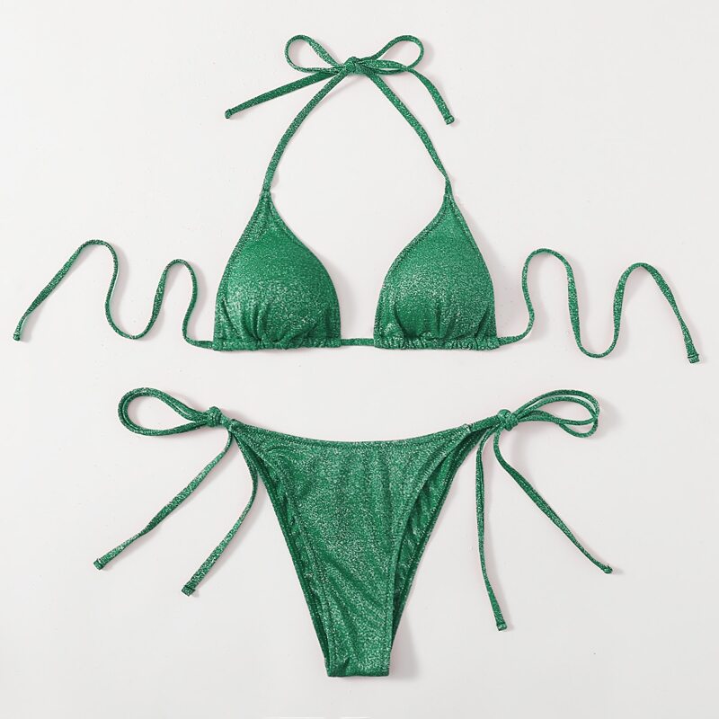 

Glitter Triangle Tie Side Bikini Swimsuit, Green