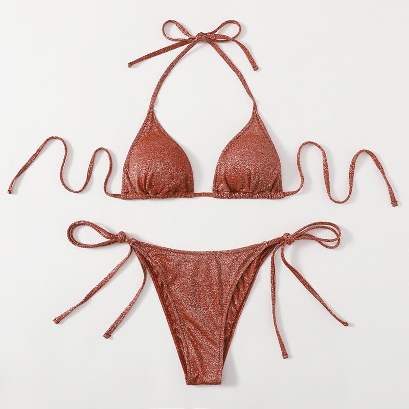 

Glitter Triangle Tie Side Bikini Swimsuit, Rust brown