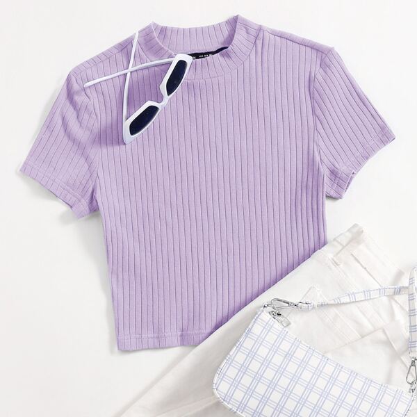 

Plus Mock-neck Rib-knit Tee, Lilac purple