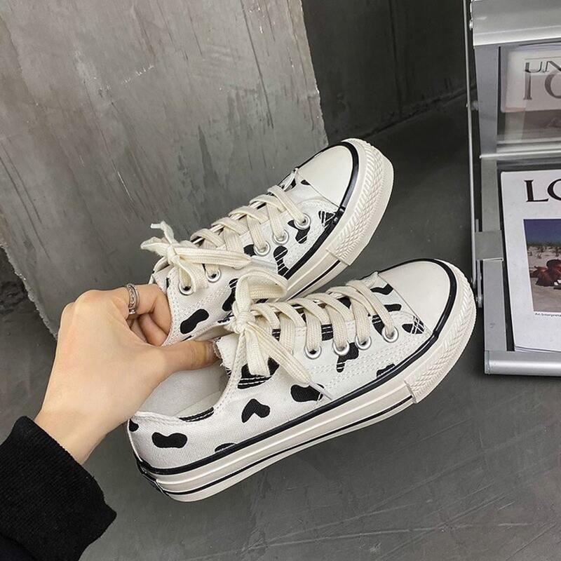 

Cow Print Lace-up Canvas Sneakers, Black and white