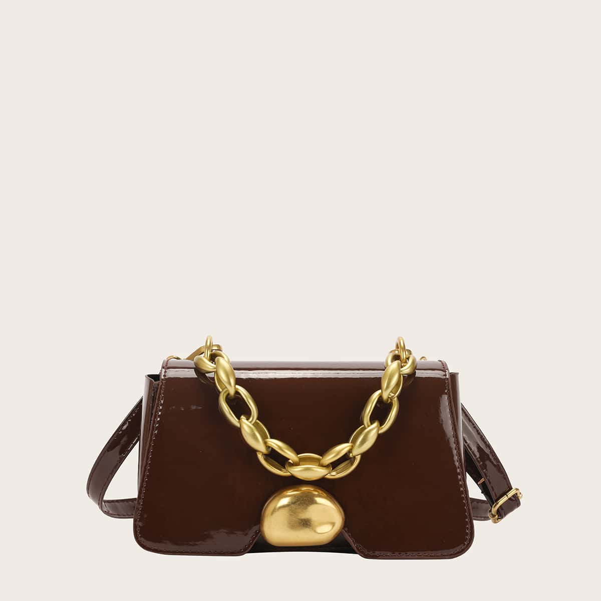 

Solid Chunky Chain Satchel Bag, Coffee brown