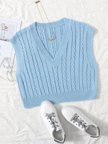 SHEIN Essnce 纜繩針織v領毛衣背心 - 淺藍色 - 查看 1