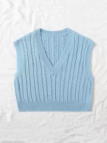 SHEIN Essnce 纜繩針織v領毛衣背心 - 淺藍色 - 查看 3