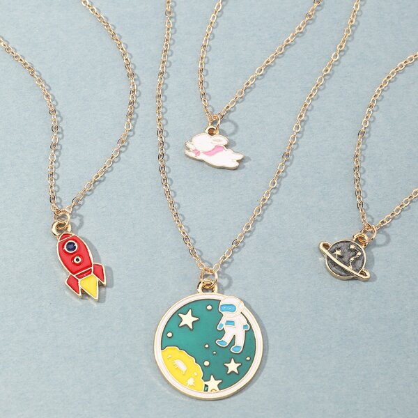 

4pcs Girls Planet Charm Necklace, Multicolor