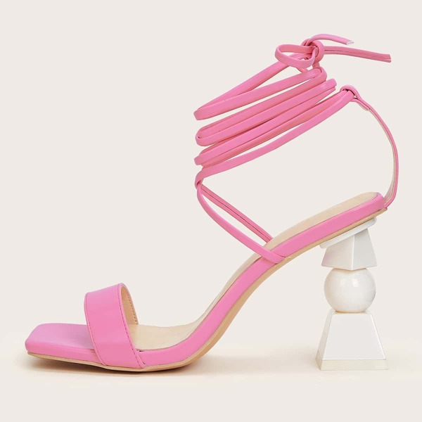 

Tie Leg Sculptural Heeled Sandals, Pink