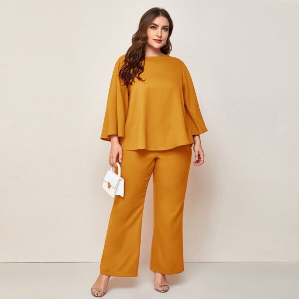 

Plus Bell Sleeve Solid Top & Flare Leg Pants Set, Mustard yellow