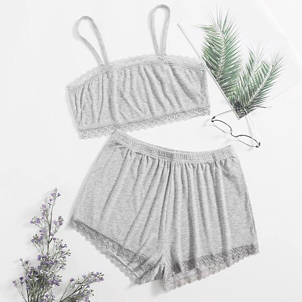 

Contrast Lace Cami PJ Set, Light grey