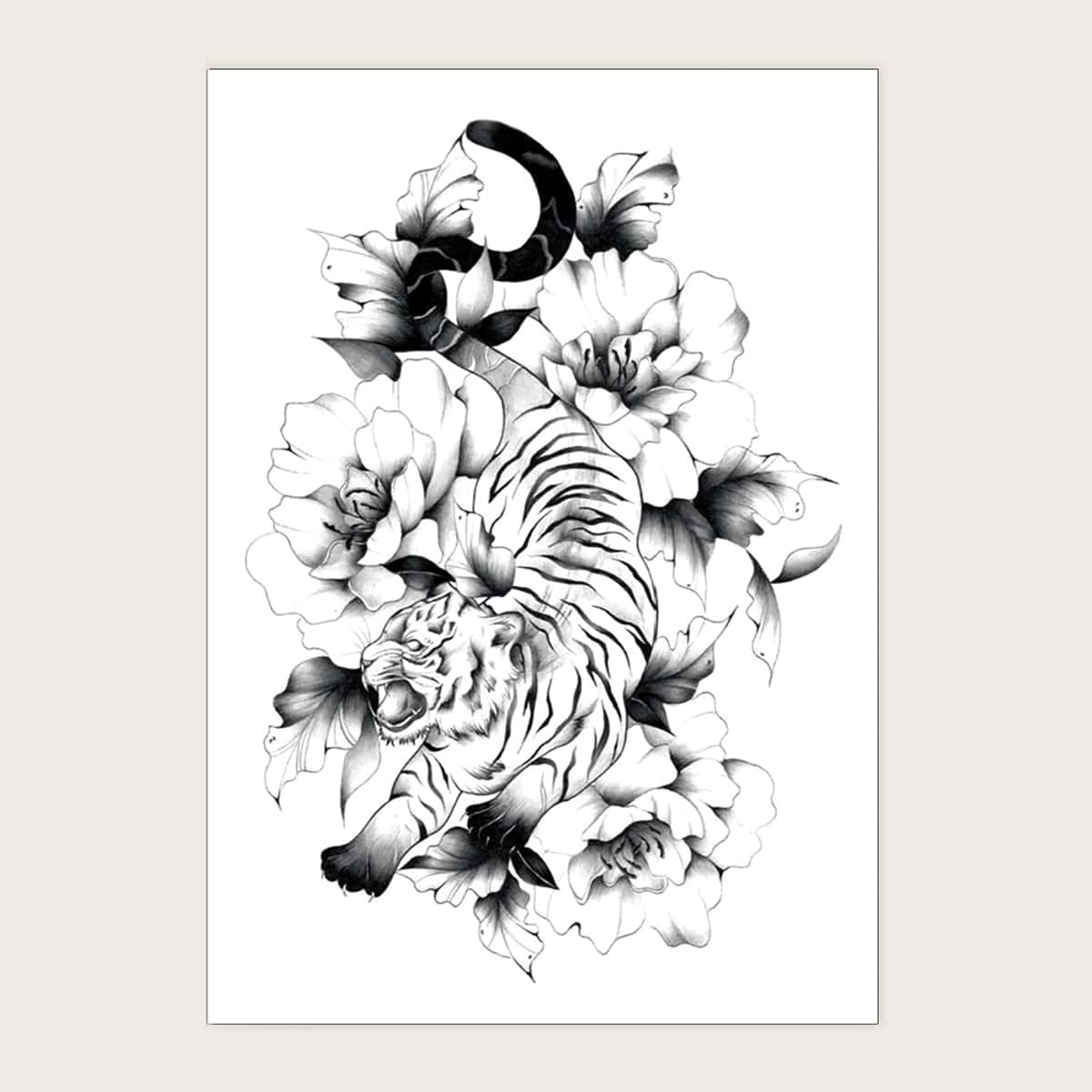 

1sheet Flower & Tiger Pattern Tattoo Sticker, Black and white