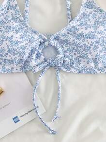 Swim Mod Summer Beach Ditsy Floral Tie Front Bikini Top