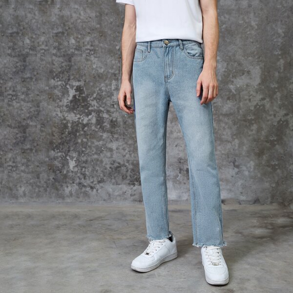 

Men Solid Raw Hem Washed Straight Leg Jeans, Light wash